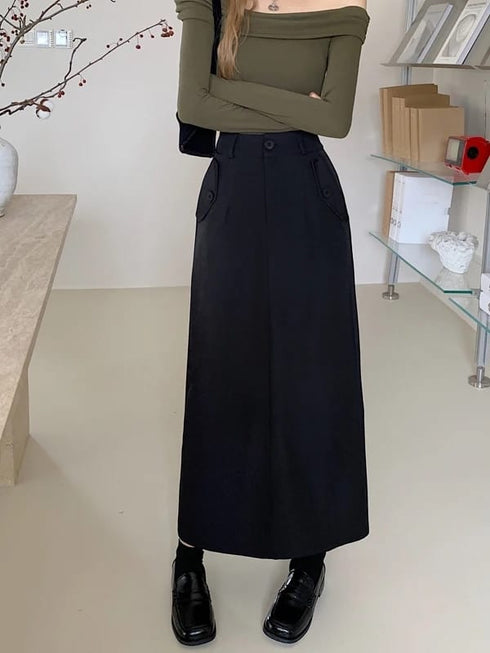 Casual Full Length Side Pocket Loose Skirts With Belt